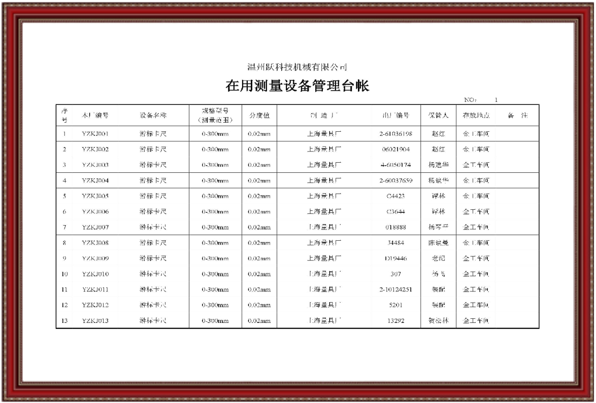 在用測量設(shè)備管理臺(tái)賬